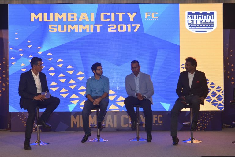 AIFF technical director Savio Medeira, deputy chairman of technical committee Henry Menezes and MDFA's Aaditya Thackeray in conversation with Mumbai City FC's Dinesh Nair during MCFC's Grassroots Development Summit 2017 in Mumbai on Sunday