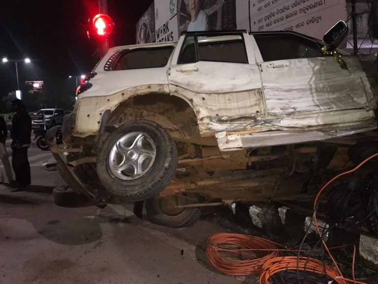 Mangled remains of an SUV after an accident near airport square in Bhubaneswar late on Saturday night. A luxurious car of Audi make was also damaged in the accident.