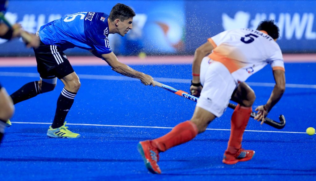 Action during India versus Argentina semifinal duel in the World Hockey League at Kalinga Stadium in Bhubaneswar on Friday. India lost 0-1. Photograph: Ashok Panda