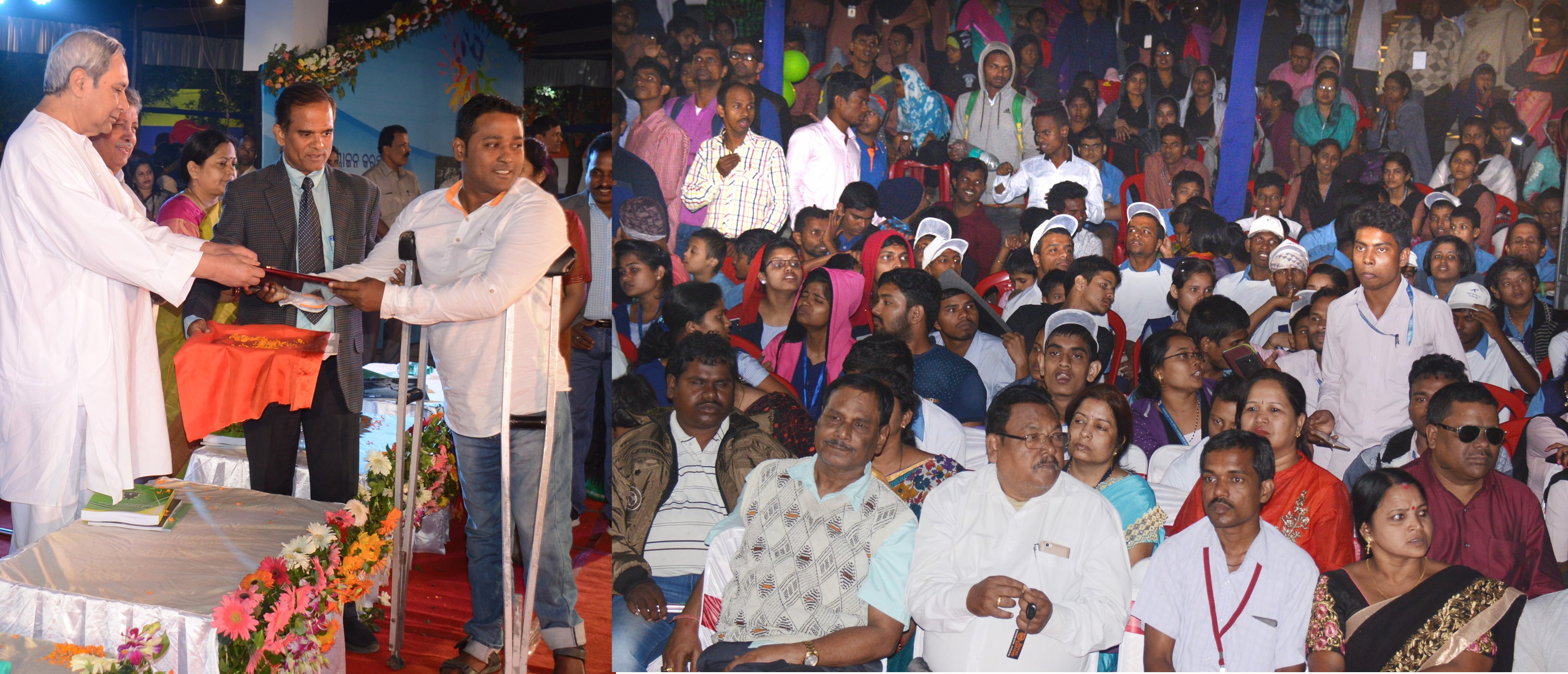 Chief minister Naveen Patnaik giving away awards to differently abled persons and transgenders on International Day for Persons with Disabilities at Adivasi Exhibition Ground, Unit 1 , in Bhubaneswar