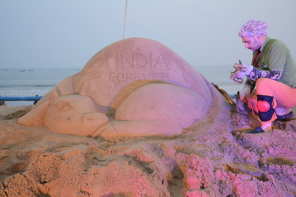 Sand sculpture at International Sand Art Festival at Konark on Tuesday. Photograph: Odishabytes
