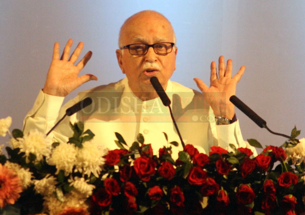 LK Advani with Naveen Patnaik at 'The Tall Man Biju Pattnaik' book launch. Photograph: Ashok Panda
