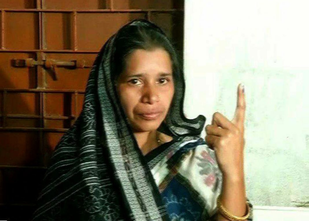 BJD nominee Rita Sahu showing the ink mark on her finger after voting in the Bijepur bypoll on Saturday. Photo: OB