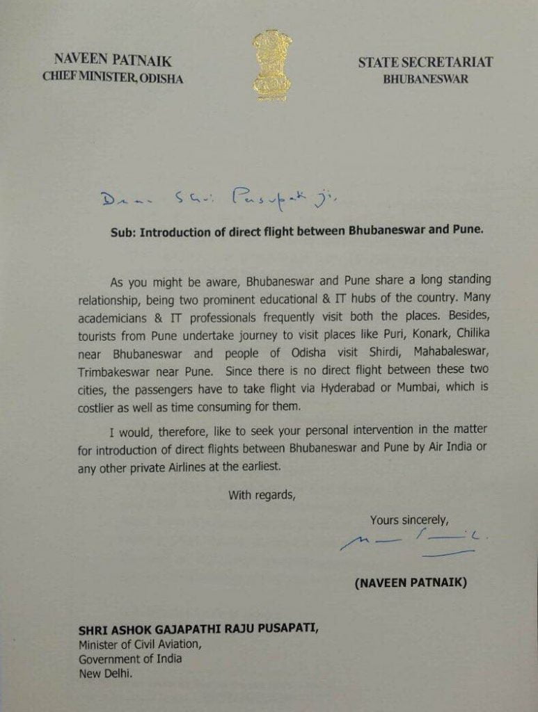 Naveen Patnaik writes to centre for bhubaneswar pune direct flight 