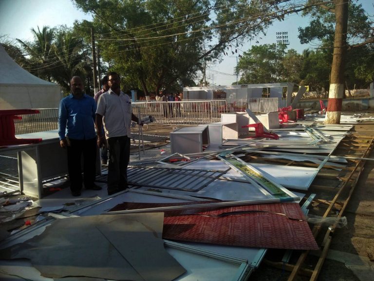 Broken remnants following the ransacking incident at Kalinga Stadium in Bhubaneswar on Saturday.