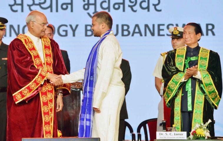 The President, Shri Ram Nath Kovind during the convocation of IIT Bhubaneswar in Odisha on March 18, 2018. The Governor of Odisha, Dr. S.C. Jamir is also seen.