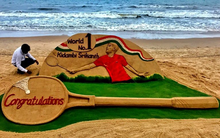Sandy Tribute To Ace Indian Shuttler Kidambi Srikanth At Puri Beach