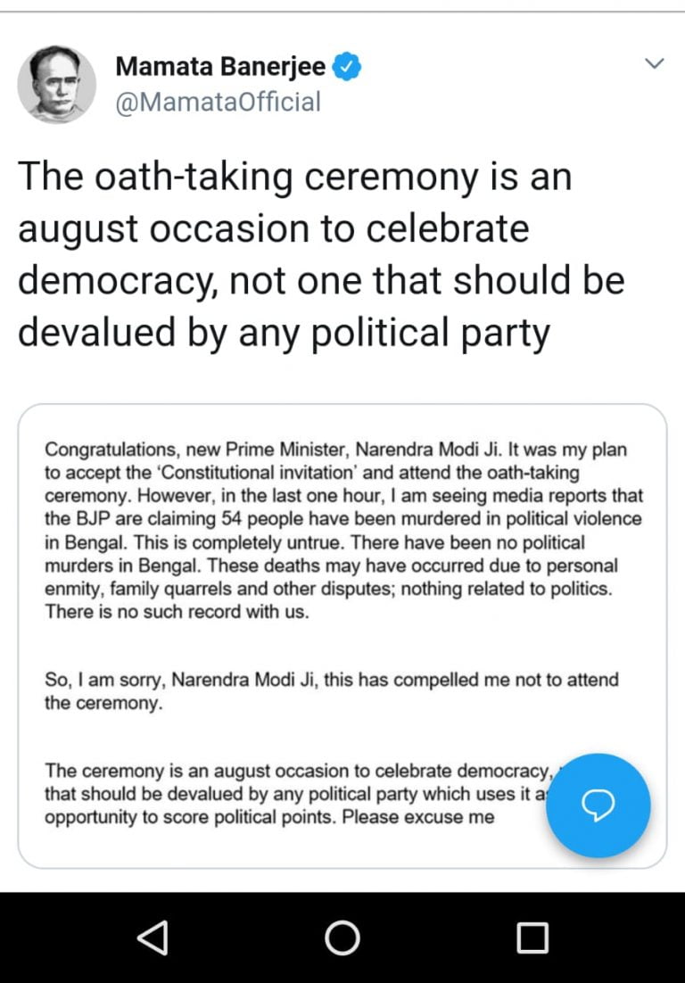 Mamata To Skip PM Swearing-In After Special Invite To Families Of ‘Killed’ BJP Workers