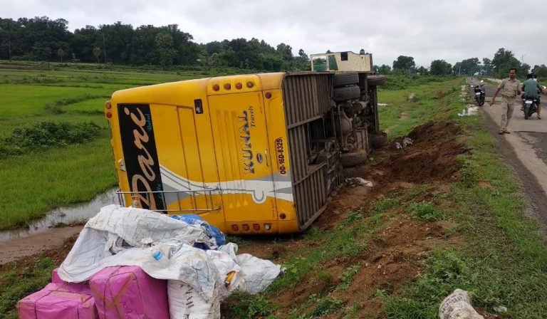 Bus Turns Turtle In Angul, Close Shave For Passengers