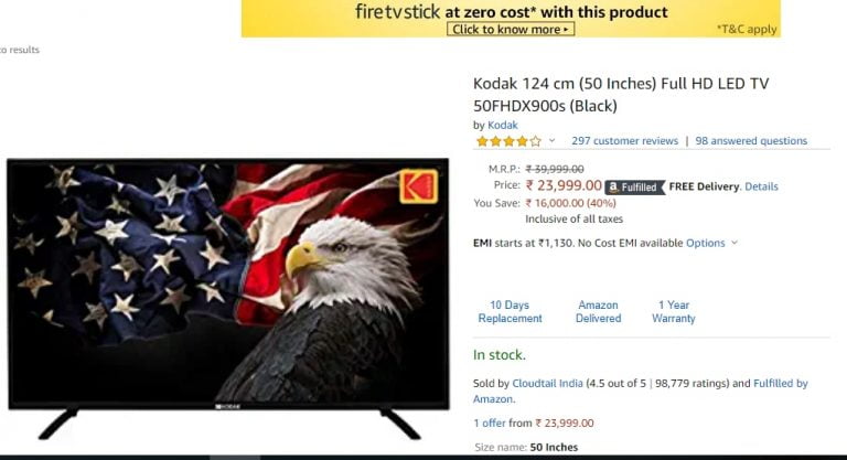 Kodak 50-inch TV & Fire TV Stick At Rs 23999