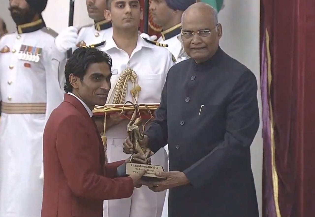 PROUD MOMENT: Para-badminton World Champion from Odisha Pramod Bhagat receiving Arjuna Award from President Ram Nath Kovind in New Delhi on Thursday. He is the eight sportsperson from Odisha to be conferred with the prestigious award.