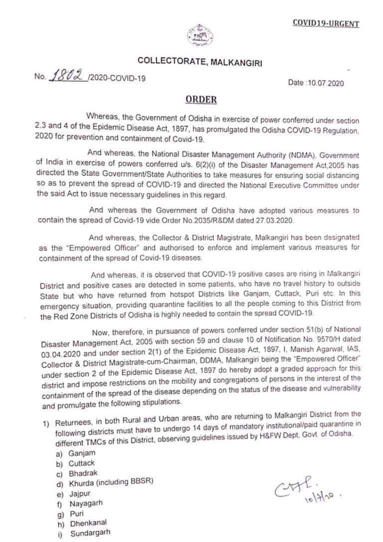 Malkangiri Declares 14-Day Quarantine For People Coming From Other Dists Of Odisha