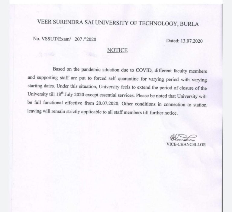 VSSUT-Burla In Odisha To Remain Shut Till This Date