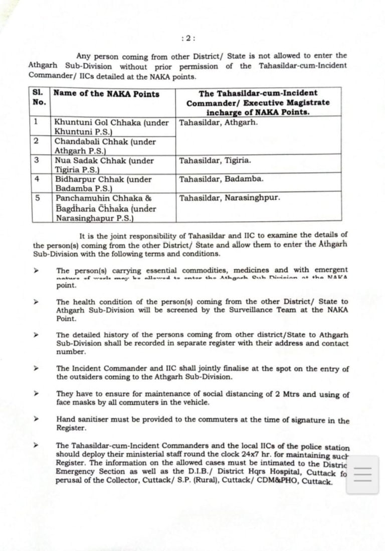 COVID-19: Cuttack District Admin Declares Entire Athgarh Sub-Division As Containment Zone