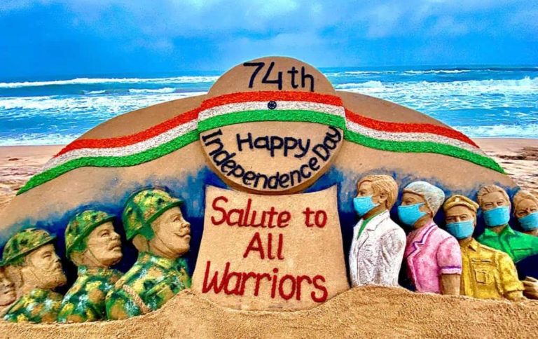 Sand Art Tribute To COVID Warriors On I-Day In Odisha’s Puri