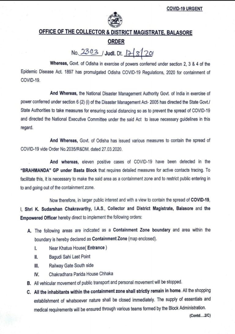COVID-19: This Area In Odisha’s Balasore District Declared As Containment Zone