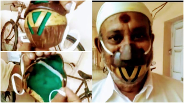 Puri Servitor Flaunts Coconut Shell Face Mask