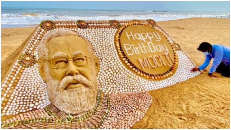 Odisha’s Sudarsan Pattnaik Creates PM Modi’s Sand Sculpture With 2035 Seashells On His 71st Birthday