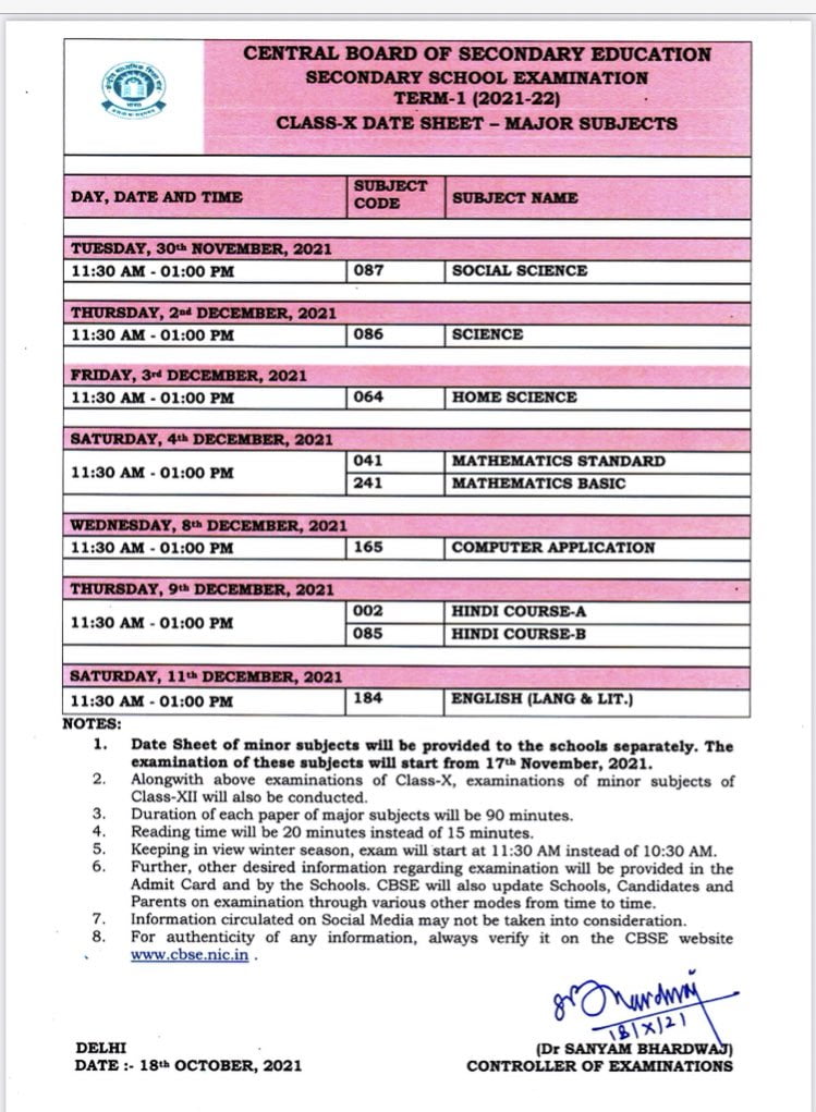 CBSE class 10 date sheet