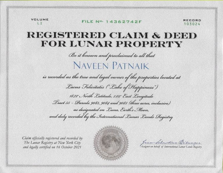 moon land certificate for naveen
