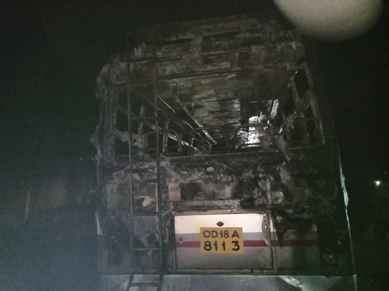 [Watch] Moving Bus Catches Fire In Odisha’s Koraput