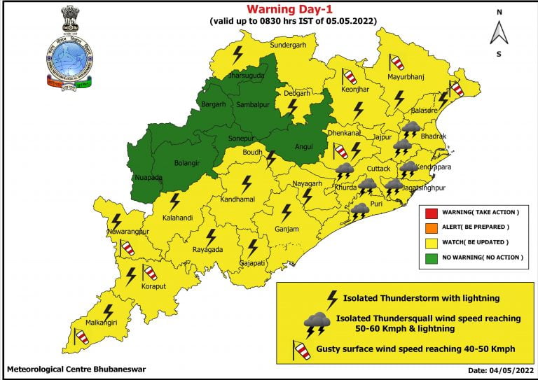 Yellow Alert For Odisha: Thunder-Squall@60Kmph In Khurda, Cuttack & Puri Till Tomorrow Morning