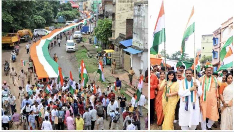 After Konark, Top BJP Leaders Join ‘Har Ghar Tiranga’ Campaign With 1-Km-Long Tricolour In Bhubaneswar