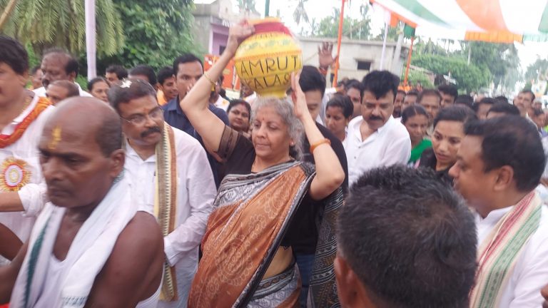 Nirmala Sitharaman Collects Soil From Freedom Fighter Jayee Rajguru’s Birthplace In Odisha