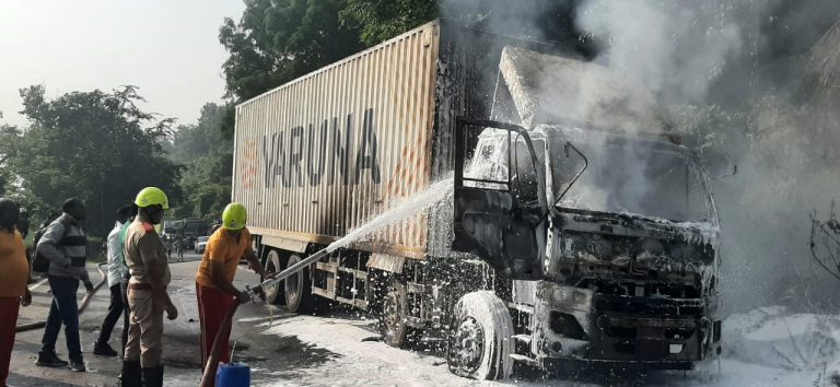 Narrow Escape For Driver & Helper As Moving Truck Catches Fire In Odisha’s Mayurbhanj