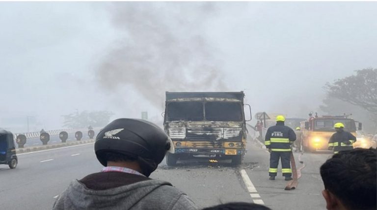 Sand-Laden Truck Catches Fire On Bhubaneswar-Cuttack Highway