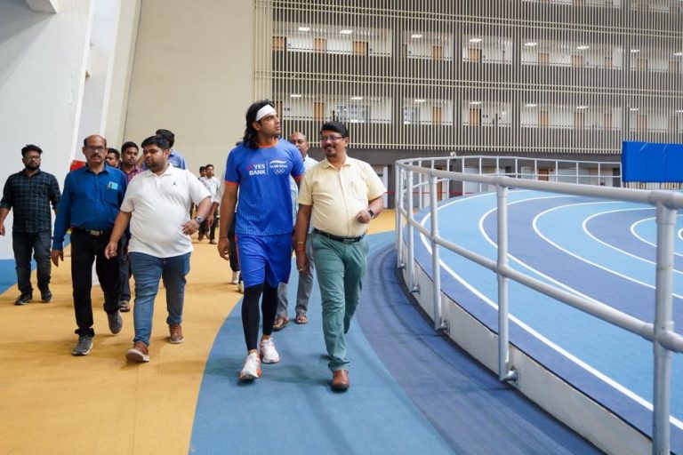 Neeraj chopra at Kalinga indoor athletics stadium