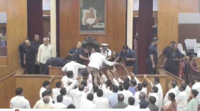 BJD MLAs Try To Climb Speaker’s Podium Amid Demand For Odisha Excise Min Scalp