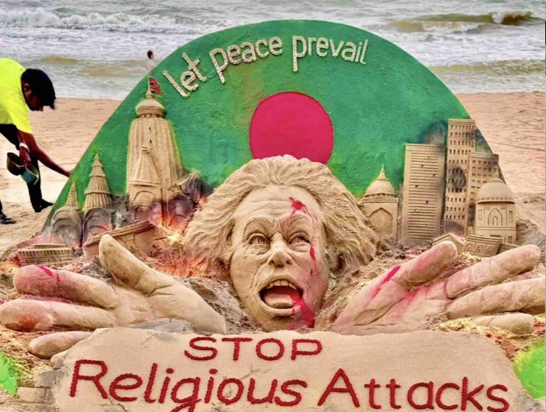 Odisha Sand Artist Sudarsan Pattnaik Appeals To ‘Stop Religious Atrocities In Bangladesh’ With Sculpture At Puri Beach