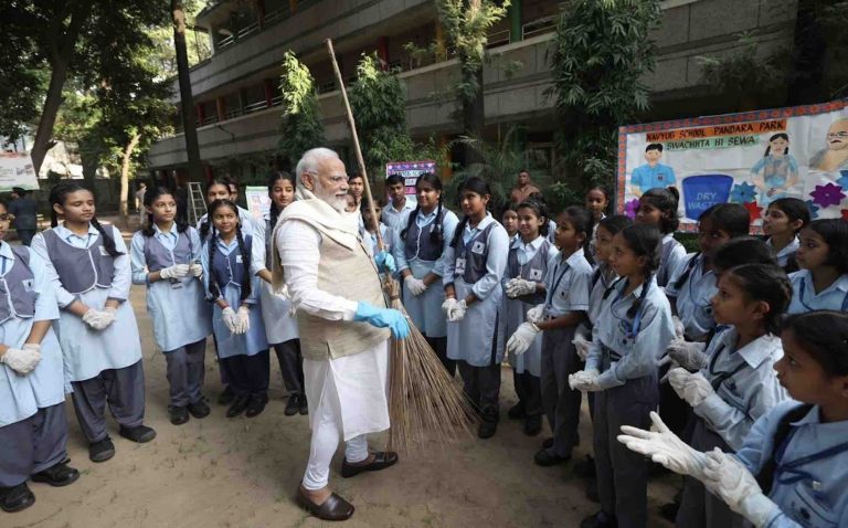 PM Modi Joins School Children In Cleanliness Drive To Celebrate 10 Years Of Swachh Bharat Mission