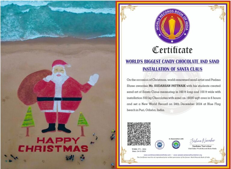 Sudarsan Pattnaik Creates World Record With 160ft Chocolate-Sand Santa Claus On Odisha’s Puri Beach