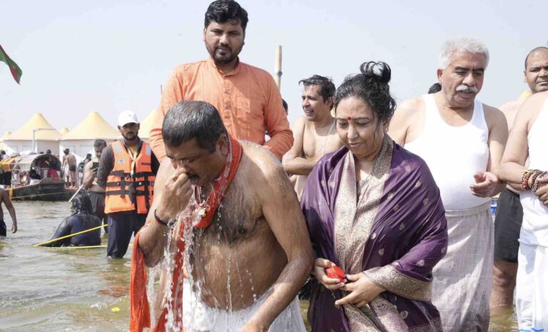 Dharmendra Pradhan & Wife Take Holy Dip At Mahakumbh; Check Pictures
