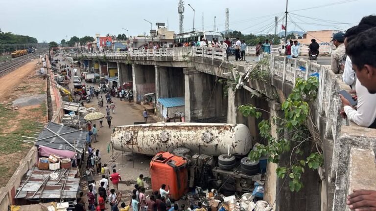 Narrow Escape For Driver, Locals As Tanker Falls Off Flyover In Odisha’s Rayagada