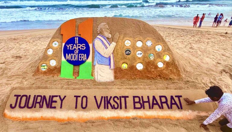 Sand Art On Odisha’s Puri Beach Celebrating 11 Years Of PM Modi