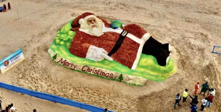 Sudarsan Pattanik Creates Record With 60ft Apples-Sand Santa Claus On Puri Beach