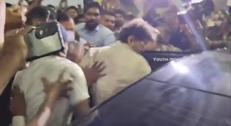 TVK Chief Vijay Trips, Falls as Fans Mob Him at Chennai Airport