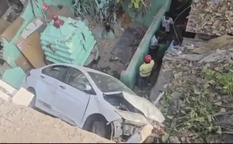 Car Plunges Off Sishu Bhawan Overbridge In Bhubaneswar, Close Shave For Slum Residents
