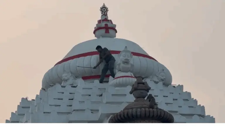 Man Climbs Puri Jagannath Temple’s Lion’s Gate While Chasing Monkey To Retrieve Bag