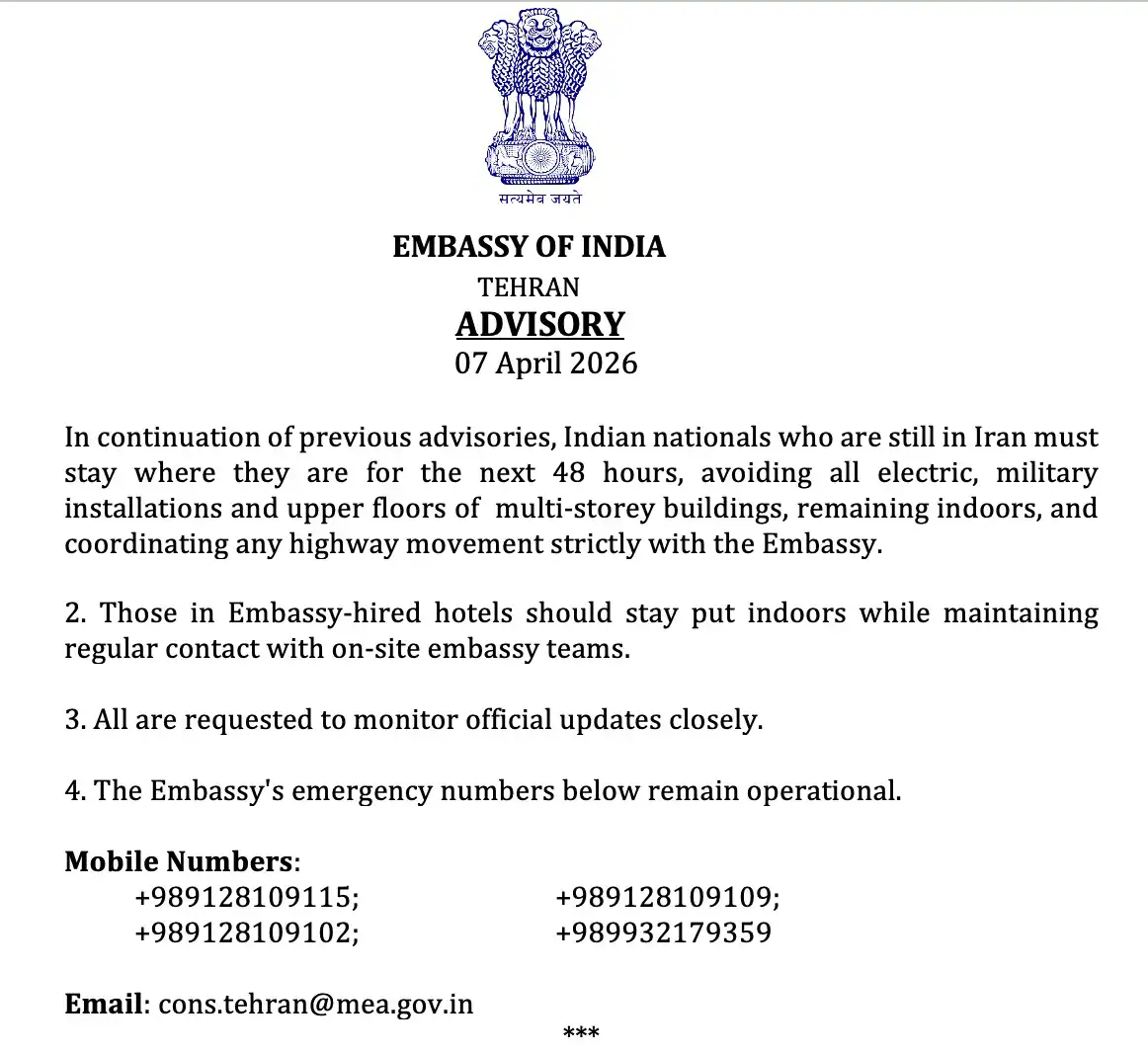 India advisory for citizens in Iran