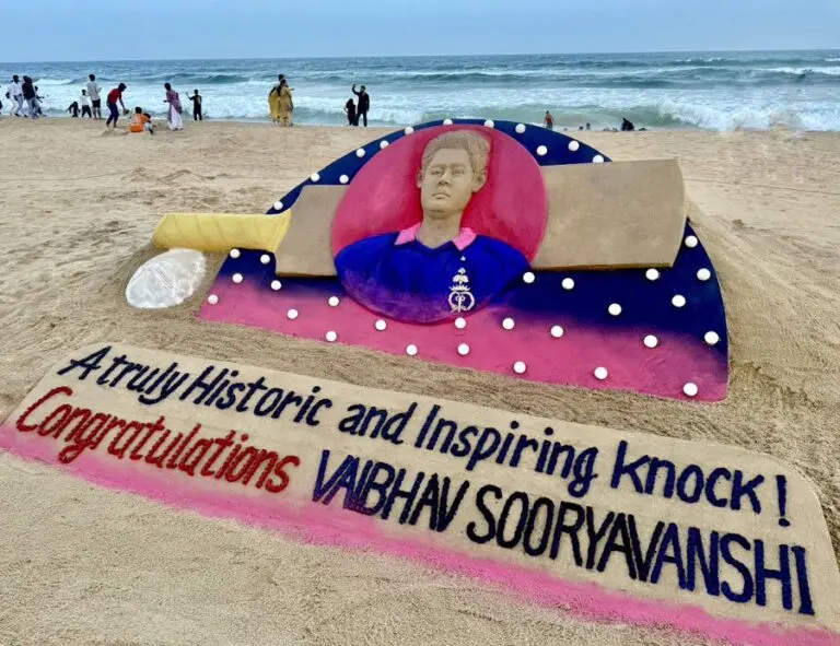 Sudarsan Pattnaik Celebrates Vaibhav Sooryavanshi’s 97 Off 29 IPL Knock With Sand Sculpture On Puri Beach