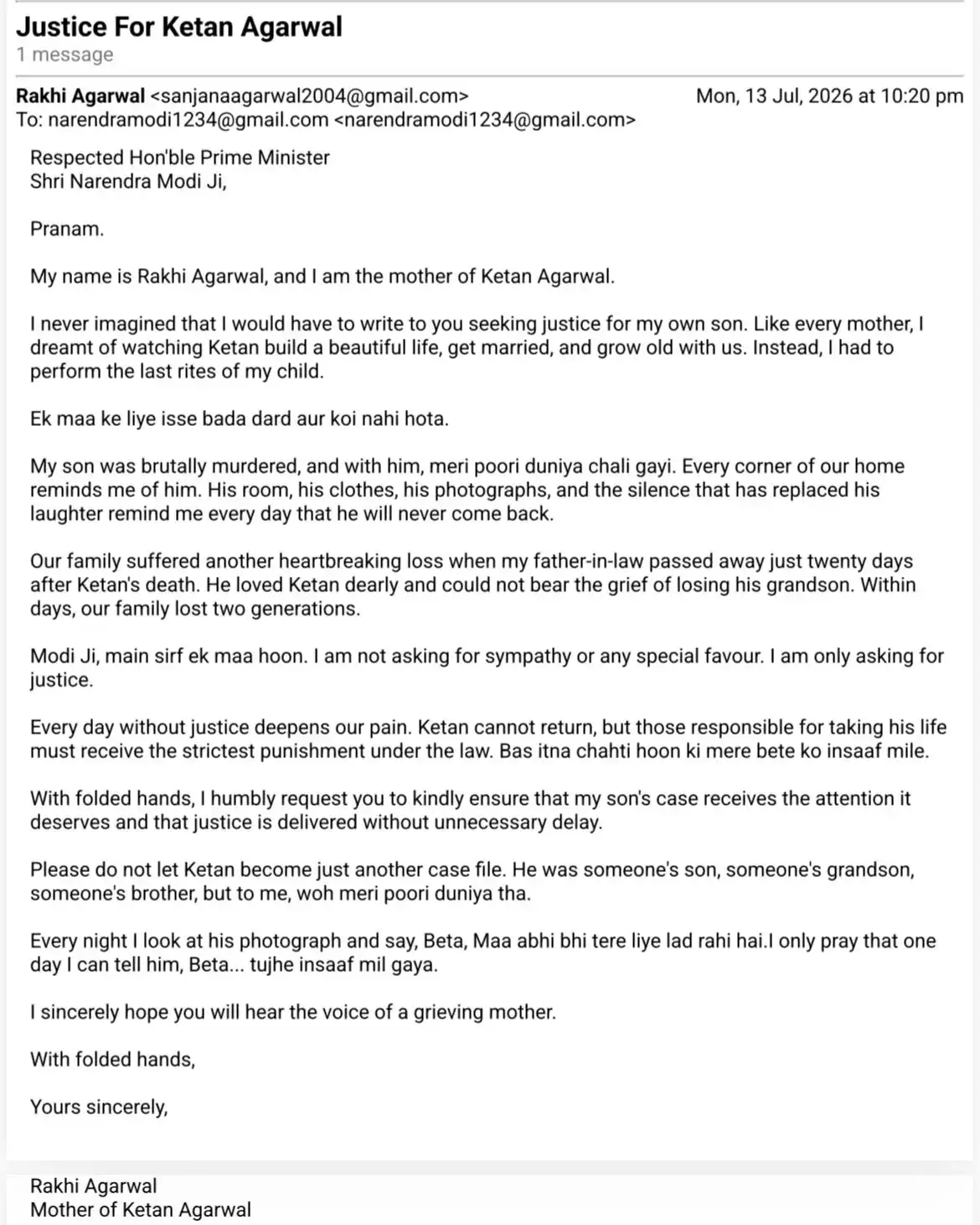 Ketan Agarwal mother's letter to Modi