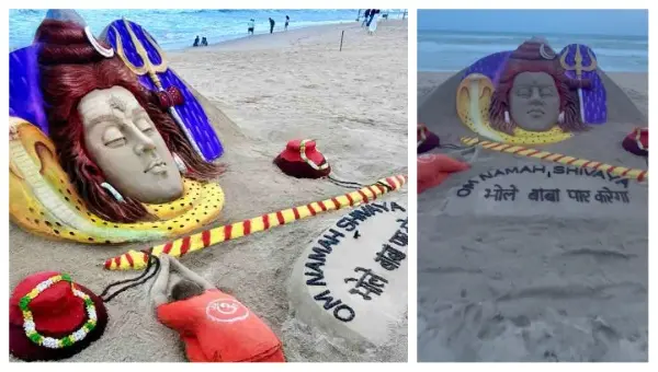 Sudarsan Pattnaik Celebrates Kanwariya Devotion In Puri Sands With 7Ft Lord Shiva Sculpture