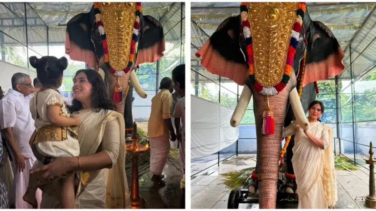 Richa Chadha Celebrates Onam With Daughter, Gifts Mechanical Elephant To Kerala Temple