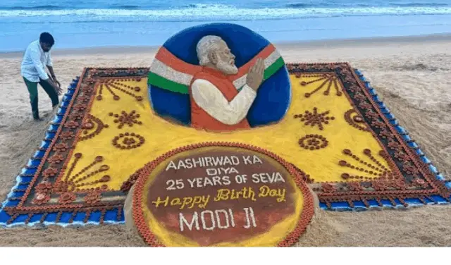 Sudarsan Pattnaik Creates 25-Ft Sand Art With 2,500 Diyas At Puri Beach For PM Modi’s Birthday