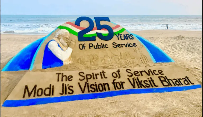 Odisha Artist Sudarsan Pattnaik Creates Sand Art Marking PM Modi’s 25 Years Of Public Service