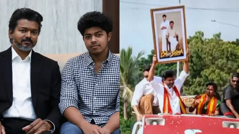 Vijay Flaunts Son Jason Sanjay’s ‘Sigma’ Frame During Madhurandhagam Roadshow